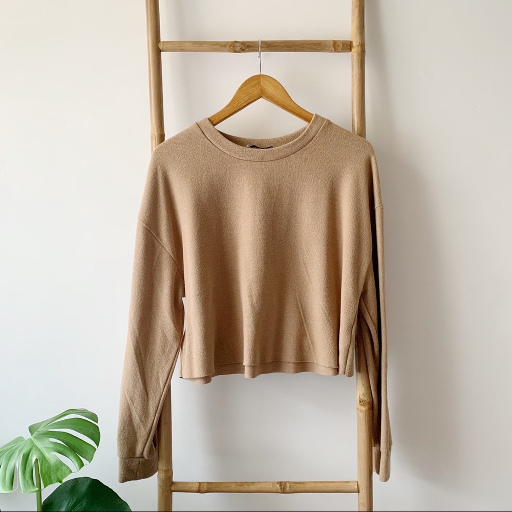 Zara Tan Ribbed Cropped Crewneck Sweater